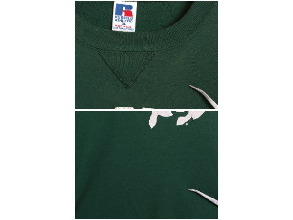90s USA製 ラッセル 2段 カレッジ プリント スウェット メンズ レディース XL / オールド トレーナー 裏起毛 クルーネック 大きいサイズ 緑