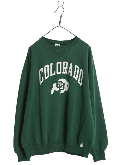 90s USA製 ラッセル 2段 カレッジ プリント スウェット メンズ レディース XL / オールド トレーナー 裏起毛 クルーネック 大きいサイズ 緑