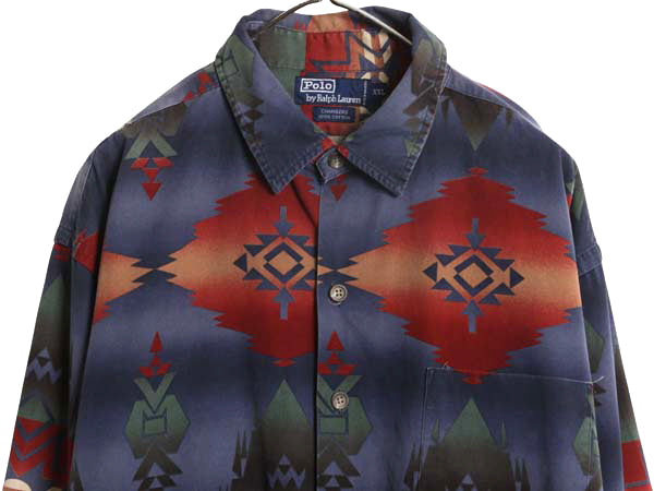 90s ポロ ラルフローレン ネイティブ柄 長袖 シャツ メンズ XXL / オールド コットン カジュアル 総柄 ボックス マルチカラー 大きいサイズ