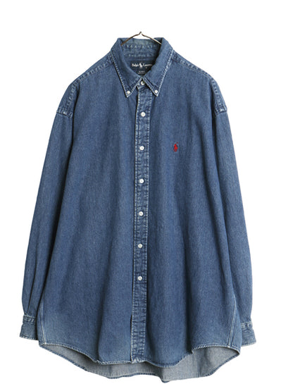 90s ラルフローレン ボタンダウン 長袖 デニム シャツ メンズ XL / オールド ポロ 長袖シャツ ワンポイント 大きいサイズ カジュアル 濃紺