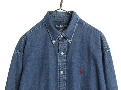 90s ラルフローレン ボタンダウン 長袖 デニム シャツ メンズ XL / オールド ポロ 長袖シャツ ワンポイント 大きいサイズ カジュアル 濃紺