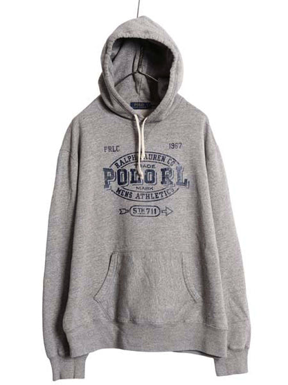  ポロ ラルフローレン プリント スウェット フード パーカー メンズ XL / ヴィンテージ モデル 前V トレーナー 裏起毛 プルオーバー グレー