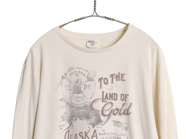 ポロ ラルフローレン 両面 プリント 長袖 Tシャツ メンズ L / CUSTOM FIT ロンT グラフィック アート イラスト カットソー 細身 ベージュ