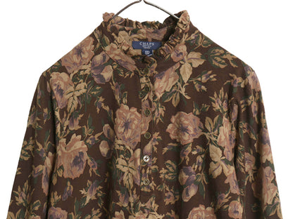 チャップス ラルフローレン フリル 付き バンドカラー 総柄 七分袖 カットソー レディース XL ポロ 長袖 Tシャツ コットン ボタニカル 薄手