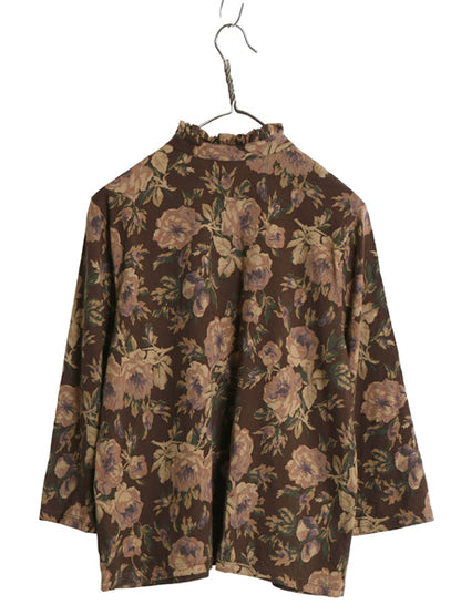 チャップス ラルフローレン フリル 付き バンドカラー 総柄 七分袖 カットソー レディース XL ポロ 長袖 Tシャツ コットン ボタニカル 薄手