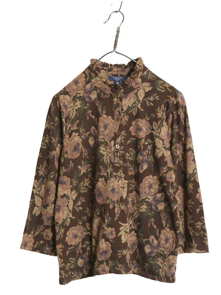 チャップス ラルフローレン フリル 付き バンドカラー 総柄 七分袖 カットソー レディース XL ポロ 長袖 Tシャツ コットン ボタニカル 薄手