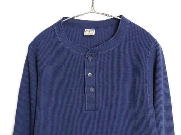80s USA製 ヘンリーネック サーマル 長袖 Tシャツ XL 小さめ メンズ L 程/ ヴィンテージ アンダーシャツ ワッフル ロンT インナー ネイビー