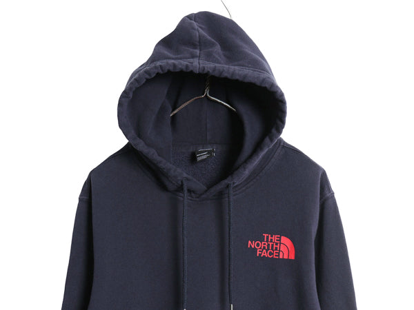 ノースフェイス プリント スウェット フード パーカー メンズ S 古着 アウトドア プルオーバー トレーナー  裏起毛 グラフィック アート 紺
