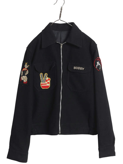 80s ★ USN ネイビー ツアー ジャケット メンズ S / ヴィンテージ ミリタリー NAVY ウール スカジャン スーベニア ポパイ ワッペン 刺繍 黒