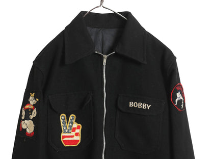 80s ★ USN ネイビー ツアー ジャケット メンズ S / ヴィンテージ ミリタリー NAVY ウール スカジャン スーベニア ポパイ ワッペン 刺繍 黒