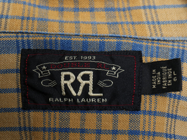 ★ ダブルアールエル ラルフローレン チェック 長袖 ワーク シャツ メンズ L 古着 ポロ RRL マチ付き コットン キャンバス マルチカラー 黄