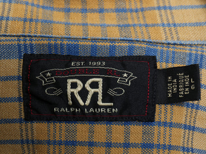 ★ ダブルアールエル ラルフローレン チェック 長袖 ワーク シャツ メンズ L 古着 ポロ RRL マチ付き コットン キャンバス マルチカラー 黄