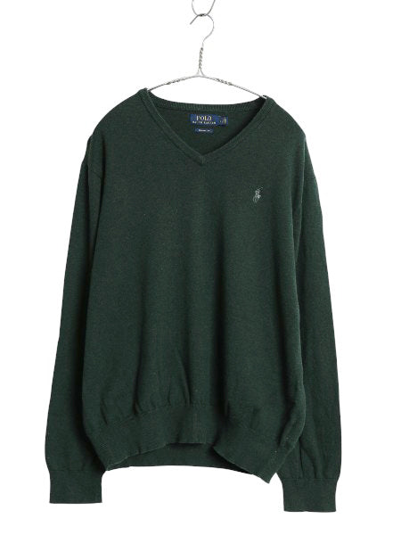 ポロ ラルフローレン ニット セーター メンズ L 古着 長袖ニット 高級 100% ピマ コットン ワンポイント Vネック ハイゲージ 薄手 きれいめ