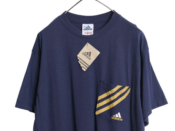 デッドストック 90s USA製 アディダス ポケット付き ロゴ プリント Tシャツ メンズ M 当時物 オールド ポケT カットソー 3ライン コットン