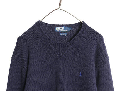 90s ポロ ラルフローレン ニット セーター メンズ XL / オールド リネン コットン 前V クルーネック ワンポイント ポニー 大きいサイズ 紺