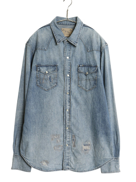 ポロ ラルフローレン デニム 長袖 ウエスタン シャツ メンズ L 古着 タタキ リペア ヴィンテージ 加工 長袖シャツ ヘビーウェイト コットン