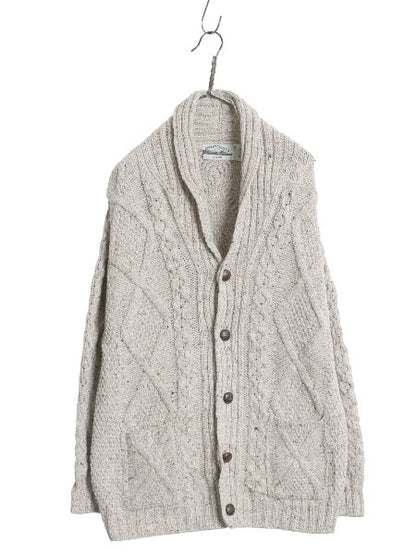 アイルランド製 aran crafts フィッシャーマン ショールカラー ニット カーディガン メンズ M 古着 メリノ ウール アラン セーター 前開き