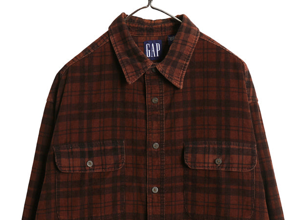 90s オールド ギャップ 細畝 コーデュロイ 長袖 シャツ メンズ L 古着 旧タグ チェック コットン ポケット付き カジュアル ツートン 茶 黒