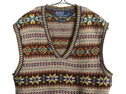 00s ポロ ラルフローレン Vネック ニット ベスト メンズ S / オールド フェアアイル コットン カシミヤ セーター 重ね着 薄手 マルチカラー