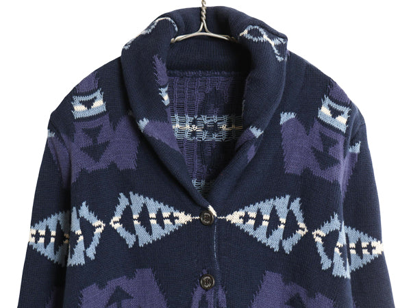 チャップス ラルフローレン ネイティブ ショールカラー ニット カーディガン レディース S 程/ ポロ セーター 羽織り 前開き 総柄 ブルー 