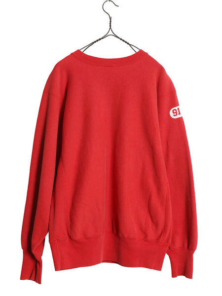90s USA製 ★ チャンピオン リバースウィーブ カレッジ プリント スウェット メンズ L オールド トレーナー 裏起毛 カプセル 袖プリント 赤