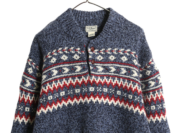 エルエルビーン ヘンリーネック ニット セーター メンズ XL 古着 ラム ウール フェアアイル ノルディック 総柄 プルオーバー 大きいサイズ