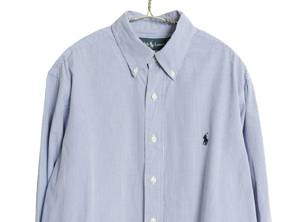 00s ラルフローレン 長袖 ボタンダウン シャツ メンズ L / オールド ポロ CLASSIC FIT コットン チェック ワンポイント ポニー ツートン 青