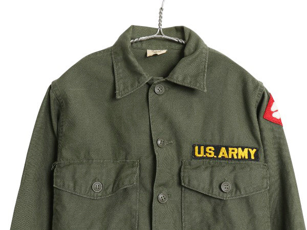 60s 米軍実物 US ARMY コットン サテン ユーティリティ シャツ S ヴィンテージ OG107 シャツ袖 1st ミリタリー 軍物 ワッペン付き オリーブ