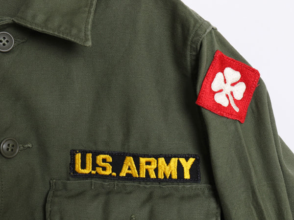 60s 米軍実物 US ARMY コットン サテン ユーティリティ シャツ S ヴィンテージ OG107 シャツ袖 1st ミリタリー 軍物 ワッペン付き オリーブ