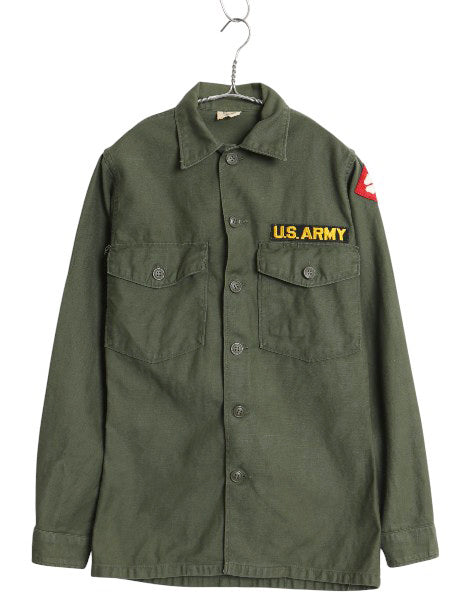 60s 米軍実物 US ARMY コットン サテン ユーティリティ シャツ S ヴィンテージ OG107 シャツ袖 1st ミリタリー 軍物 ワッペン付き オリーブ