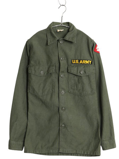 60s 米軍実物 US ARMY コットン サテン ユーティリティ シャツ S ヴィンテージ OG107 シャツ袖 1st ミリタリー 軍物 ワッペン付き オリーブ