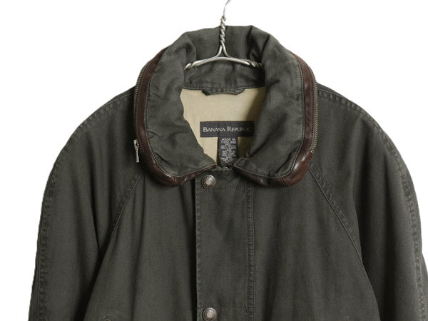 90s バナナリパブリック ハーフコート メンズ XS 古着 オールド ハンティング フィールド コットン キャンバス 本革レザー 切替 ジャケット