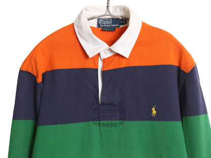 90s ポロ ラルフローレン ボーダー 長袖 ラガーシャツ メンズ M オールド CUSTOM FIT ラグビー ワンポイント ヘビーウェイト マルチカラー