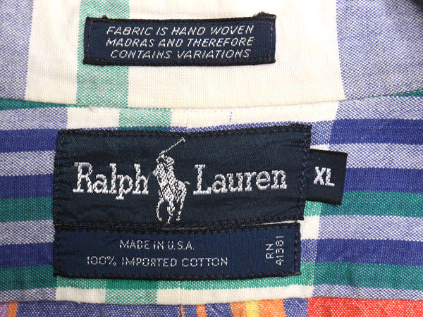 90s USA製 ラルフローレン チェック 半袖 ボタンダウン シャツ メンズ XL / オールド 手織り コットン マドラス 半袖シャツ 大きいサイズ