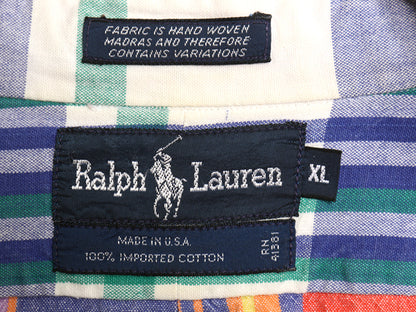 90s USA製 ラルフローレン チェック 半袖 ボタンダウン シャツ メンズ XL / オールド 手織り コットン マドラス 半袖シャツ 大きいサイズ