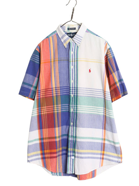 90s USA製 ラルフローレン チェック 半袖 ボタンダウン シャツ メンズ XL / オールド 手織り コットン マドラス 半袖シャツ 大きいサイズ