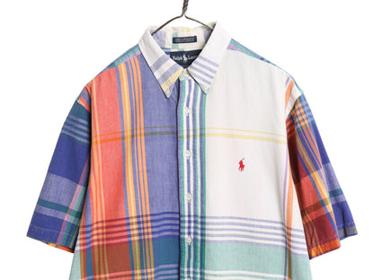 90s USA製 ラルフローレン チェック 半袖 ボタンダウン シャツ メンズ XL / オールド 手織り コットン マドラス 半袖シャツ 大きいサイズ