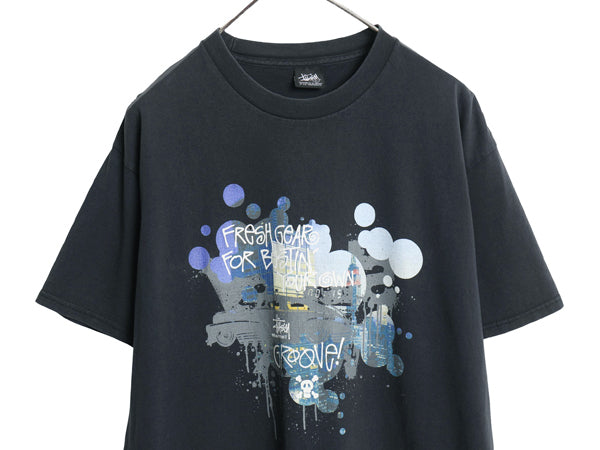 ステューシー イラスト プリント Tシャツ メンズ L / 古着 グラフィック アート ロゴ スカル ヘビーウェイト コットン カットソー ブラック