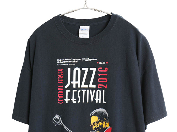 ジャズ フェス アート イラスト 両面 プリント Tシャツ メンズ XL 音楽 グラフィック ヘビーウェイト コットン カットソー 大きいサイズ 黒