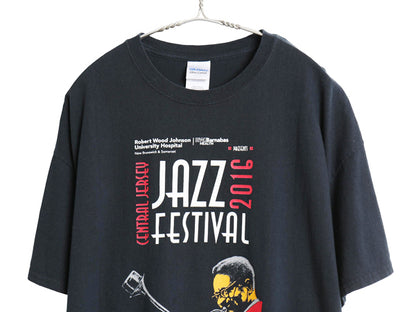 ジャズ フェス アート イラスト 両面 プリント Tシャツ メンズ XL 音楽 グラフィック ヘビーウェイト コットン カットソー 大きいサイズ 黒
