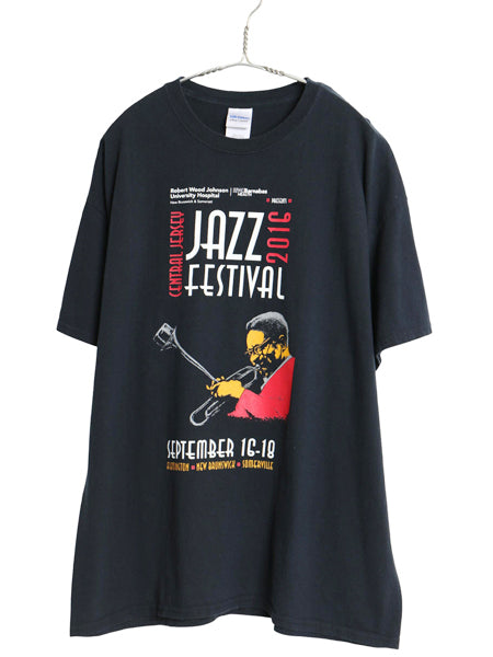 ジャズ フェス アート イラスト 両面 プリント Tシャツ メンズ XL 音楽 グラフィック ヘビーウェイト コットン カットソー 大きいサイズ 黒