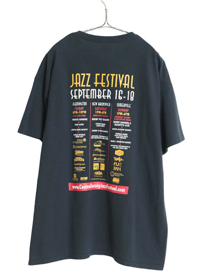 ジャズ フェス アート イラスト 両面 プリント Tシャツ メンズ XL 音楽 グラフィック ヘビーウェイト コットン カットソー 大きいサイズ 黒
