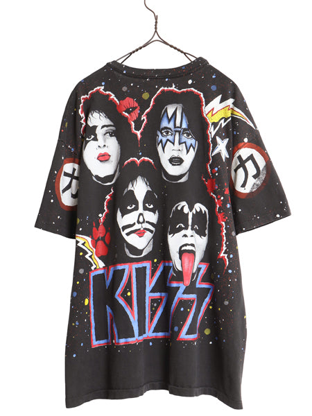 90s USA製 ★ キッス オールオーバー プリント Tシャツ メンズ XL 古着 オールド 当時物 バンド ロック シングルステッチ 黒 大きいサイズ