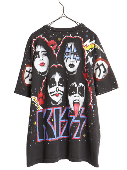 90s USA製 ★ キッス オールオーバー プリント Tシャツ メンズ XL 古着 オールド 当時物 バンド ロック シングルステッチ 黒 大きいサイズ