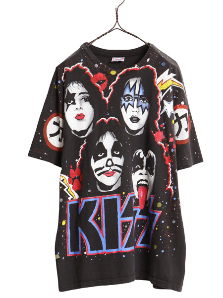 90s USA製 ★ キッス オールオーバー プリント Tシャツ メンズ XL 古着 オールド 当時物 バンド ロック シングルステッチ 黒 大きいサイズ
