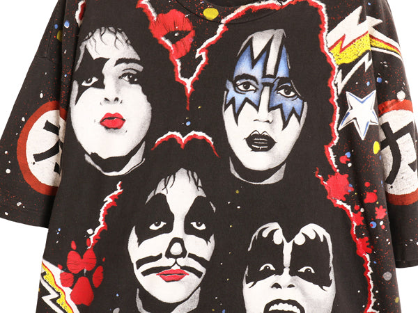 90s USA製 ★ キッス オールオーバー プリント Tシャツ メンズ XL 古着 オールド 当時物 バンド ロック シングルステッチ 黒 大きいサイズ