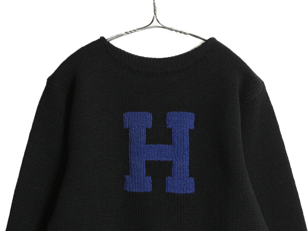 40s 50s ★ レタード ニット セーター メンズ S 程/ 古着 ヴィンテージ アワード ヘビーウェイト ウール ローゲージ ボートネック ブラック