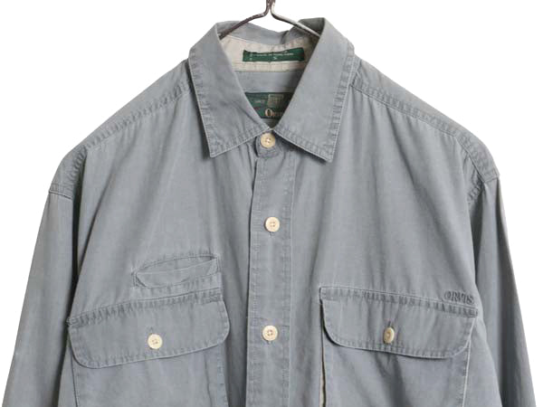 90s オービス 長袖 フィッシング シャツ メンズ S / オールド アウトドア サファリ ワーク コットン 長袖シャツ 無地 ポケット付き グレー
