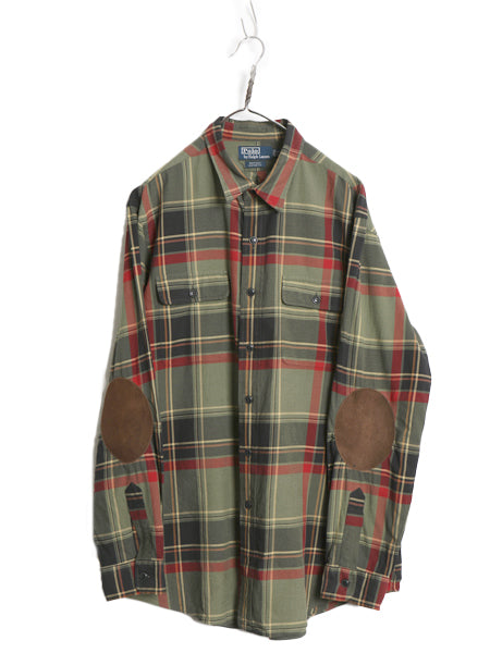 90s ポロ ラルフローレン チェック 長袖 シャツ メンズ XL 古着 オールド コットン 本革 レザー エルボーパッチ 大きいサイズ マルチカラー