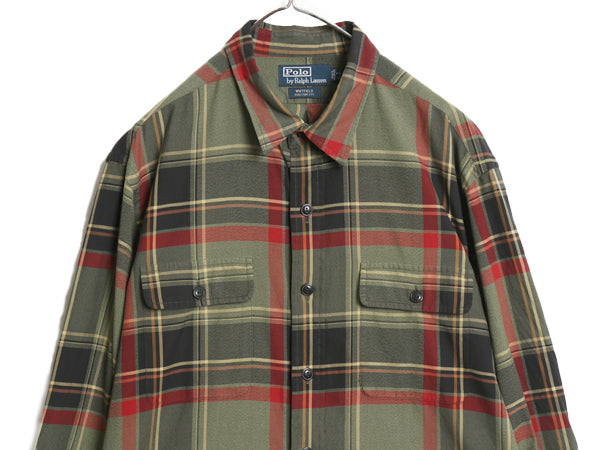 90s ポロ ラルフローレン チェック 長袖 シャツ メンズ XL 古着 オールド コットン 本革 レザー エルボーパッチ 大きいサイズ マルチカラー